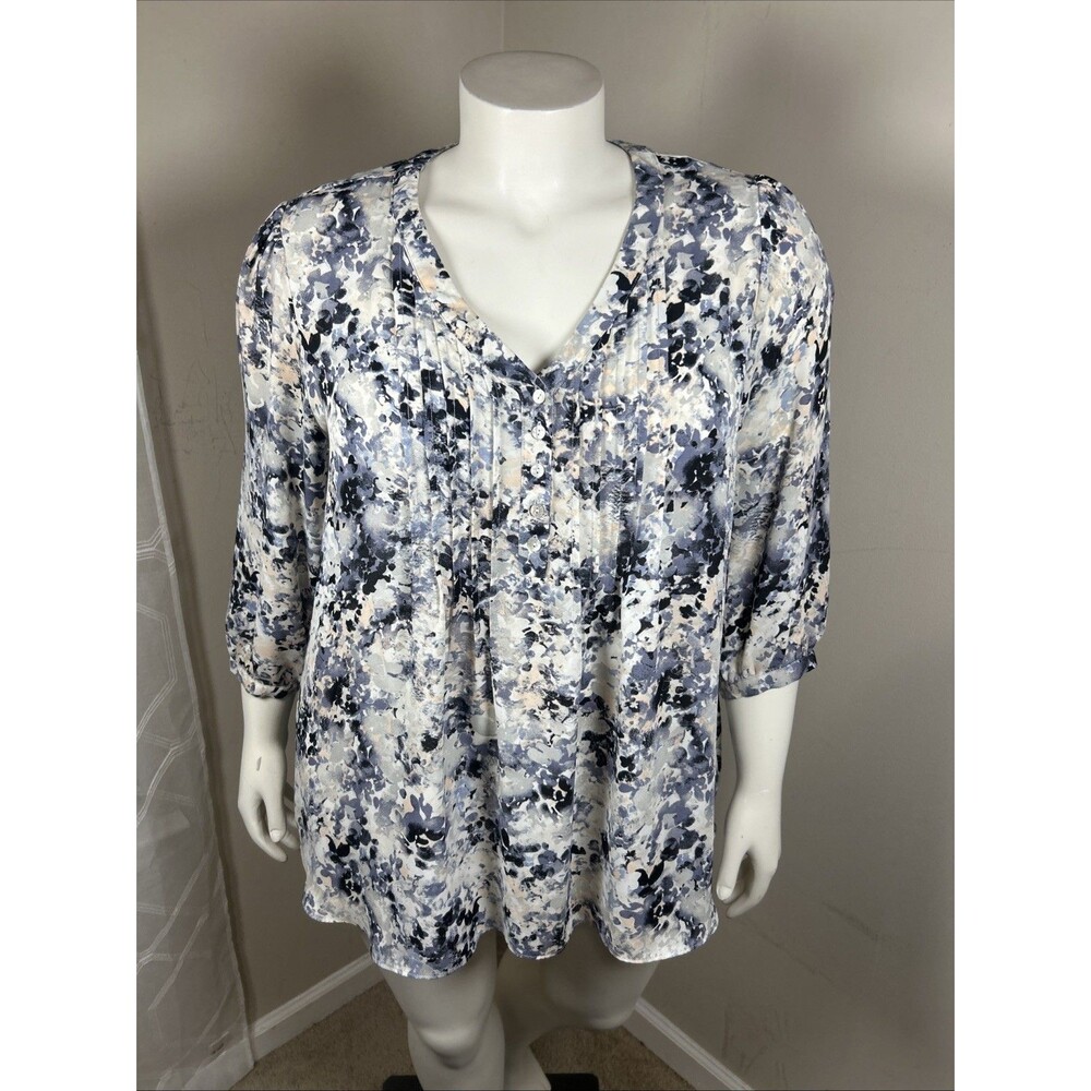 Rose Olive Blouse 2X Blue Abstract Floral Classic Casual Workwear Office Career - Picture 1 of 13